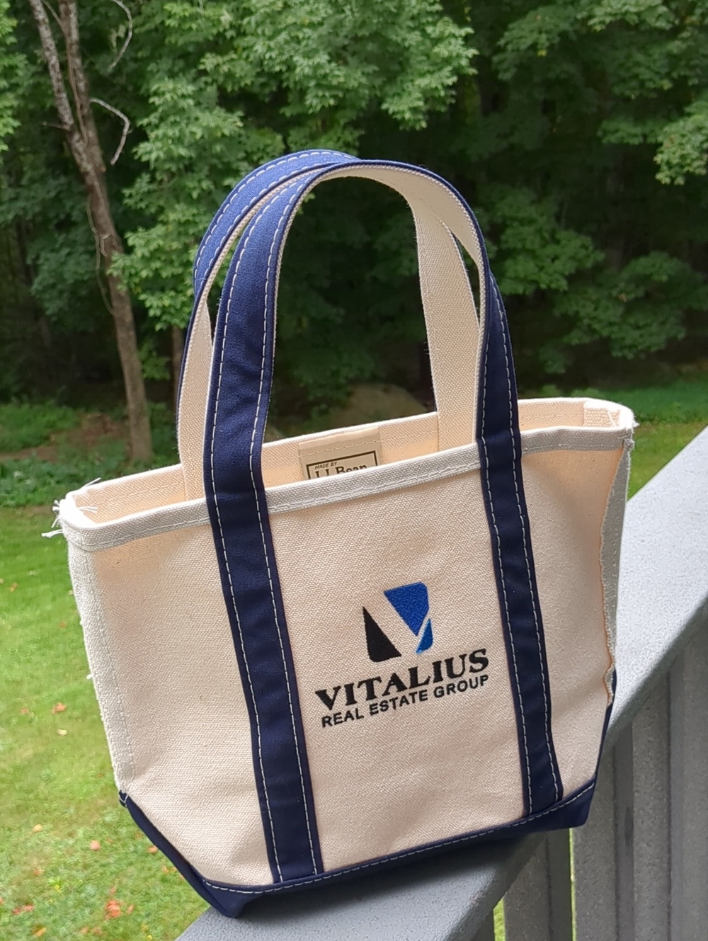 LL Bean Boat and Tote Small Open Top Navy Blue Vitalius Real Estate Logo